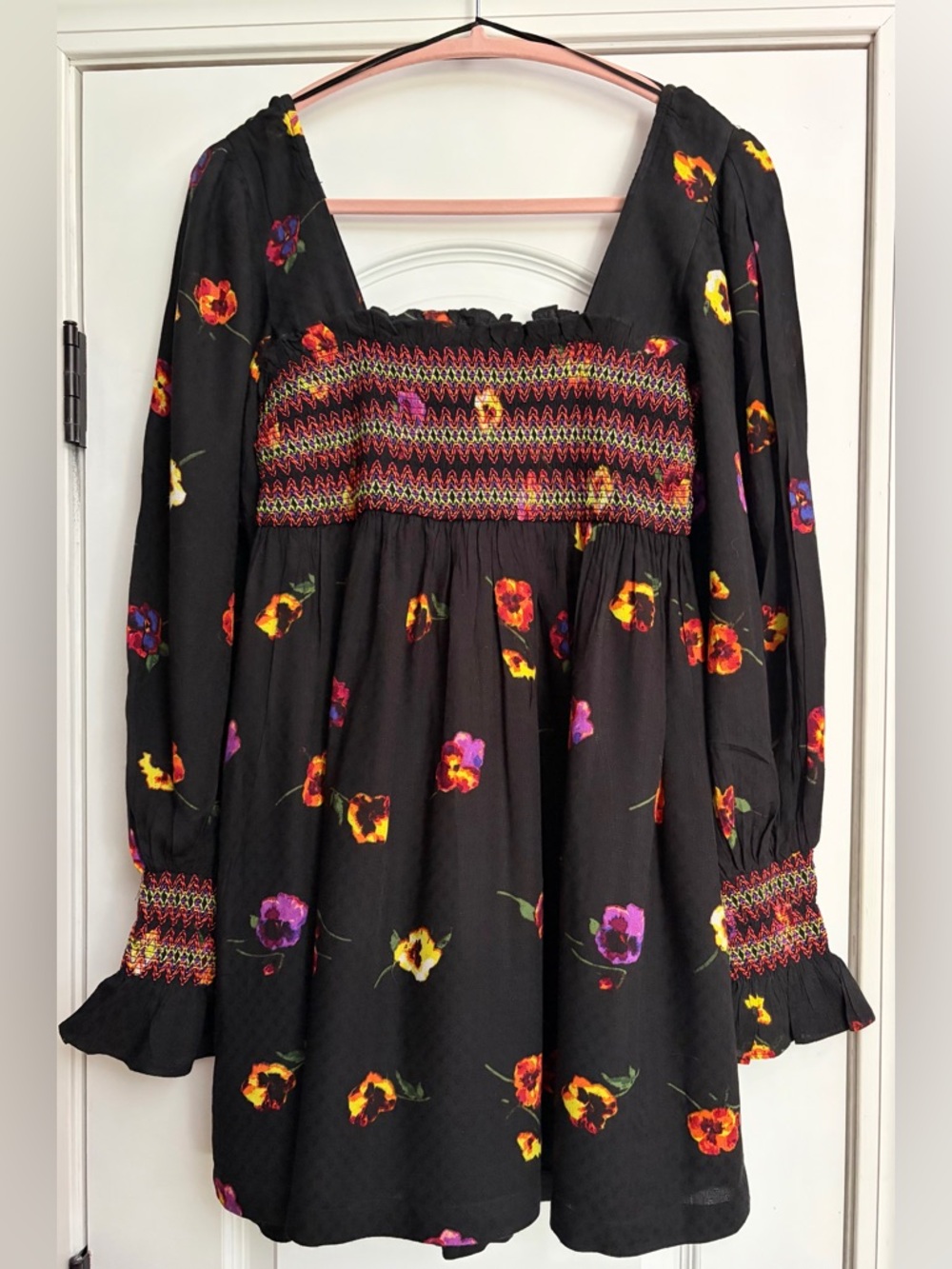 NWT Urban Outfitters Boho Neon Floral Smocked Embroidered Minidress M Coquette